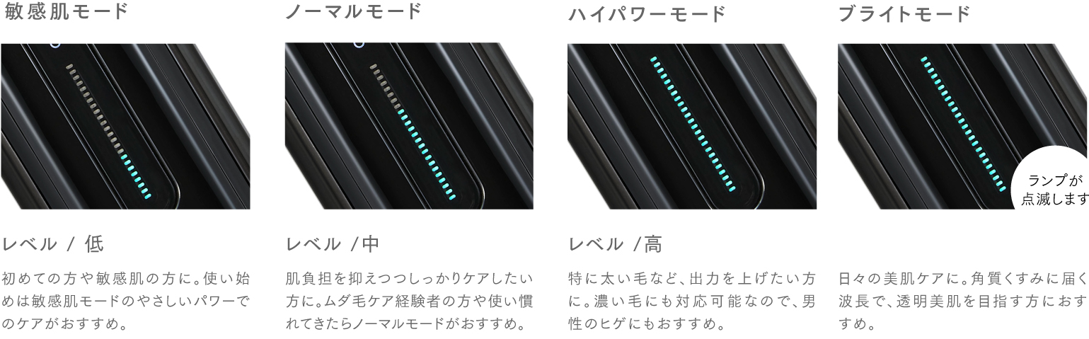 MiRAY AIRの敏感肌モード MiRAY AIRのノーマルモード MiRAY AIRのハイパワーモード MiRAY AIRのブライトモード